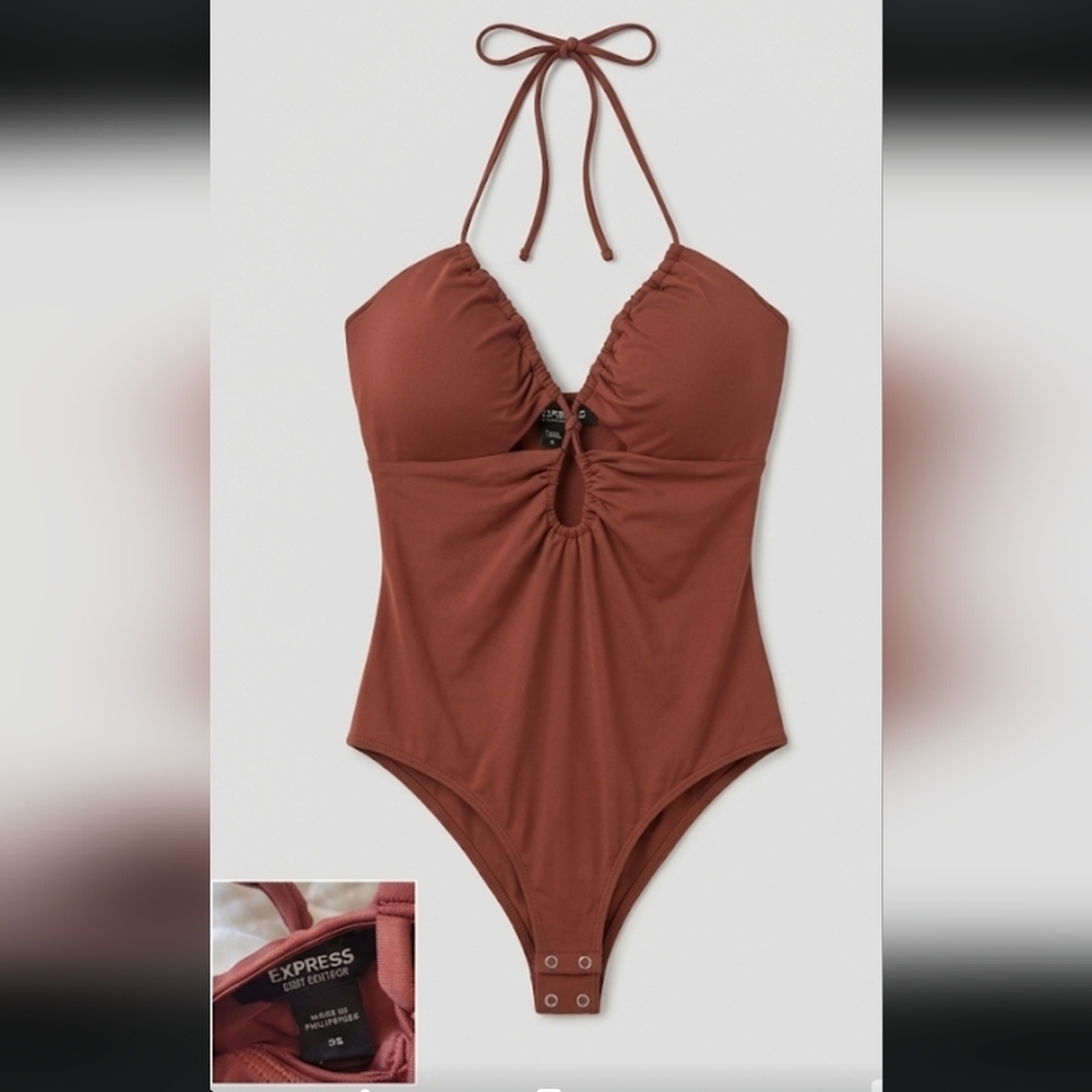 Express Copper Halter Bodysuit Ruched Keyhole Cutout Minimalist Size XS